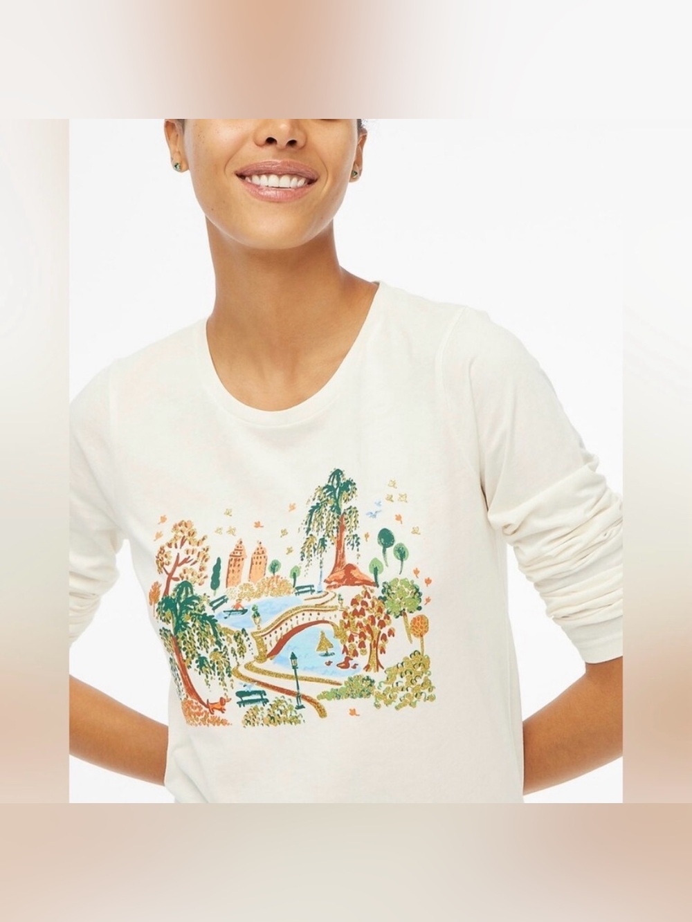 J.CREW Collector Tee Women’s S Ivory Graphic Crew Neck Central Park Long Sleeve